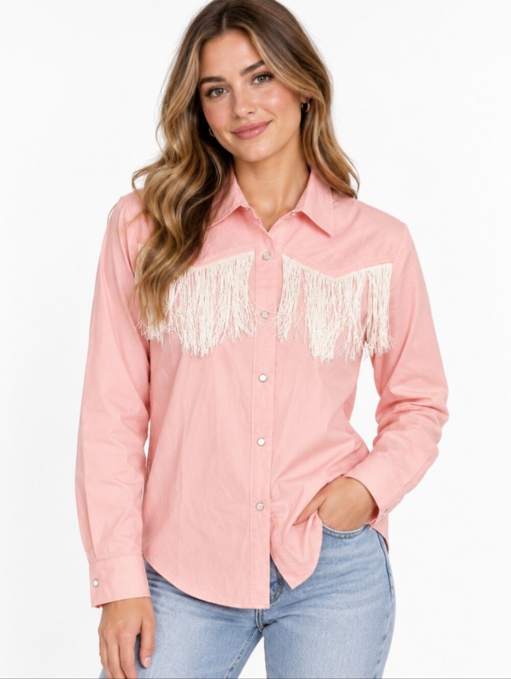 Noomelfish Pink Fringe Western Pearl Snap Cowgirl Shirt Nashville Rodeo M